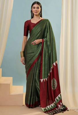 Green printed satin saree with blouse piece 1