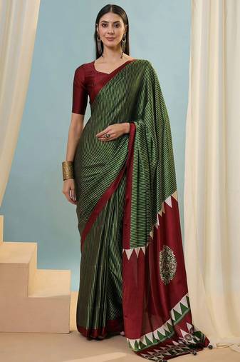 Green printed satin saree with blouse piece