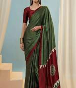 Green printed satin saree with blouse piece