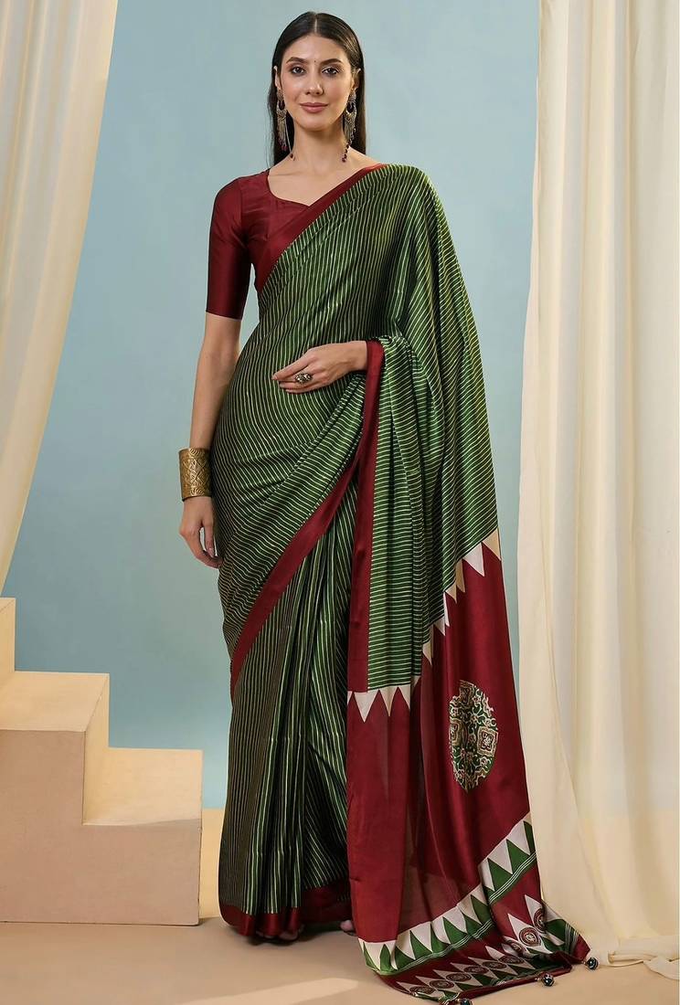 Green printed satin saree with blouse piece