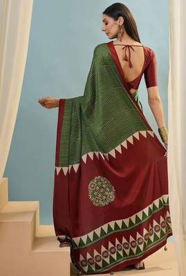 Green printed satin saree with blouse piece 2