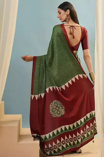 Green printed satin saree with blouse piece