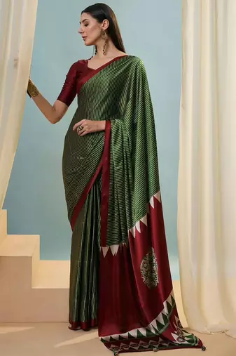 Green printed satin saree with blouse piece
