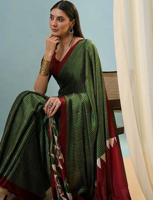 Green printed satin saree with blouse piece 4