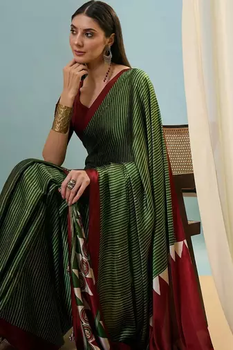 Green printed satin saree with blouse piece