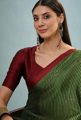 Green printed satin saree with blouse piece 5