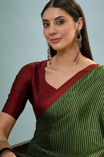 Green printed satin saree with blouse piece