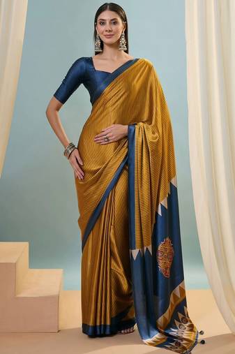 Mustard printed satin saree with blouse piece