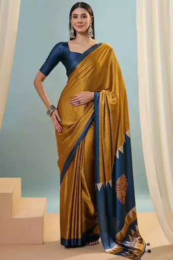Mustard printed satin saree with blouse piece