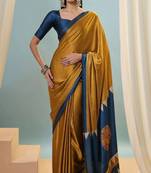 Mustard printed satin saree with blouse piece