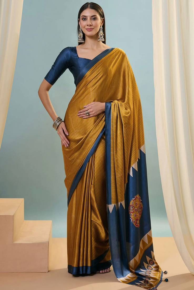 Mustard printed satin saree with blouse piece