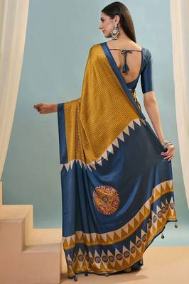 Mustard printed satin saree with blouse piece 2