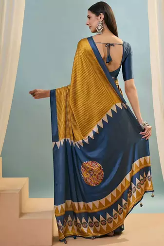 Mustard printed satin saree with blouse piece
