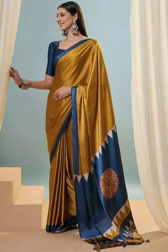 Mustard printed satin saree with blouse piece