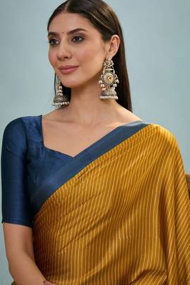 Mustard printed satin saree with blouse piece 4