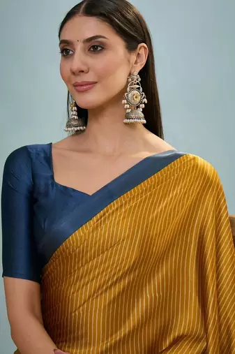 Mustard printed satin saree with blouse piece
