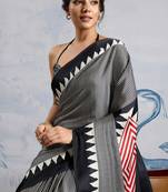 Black printed satin saree with blouse piece