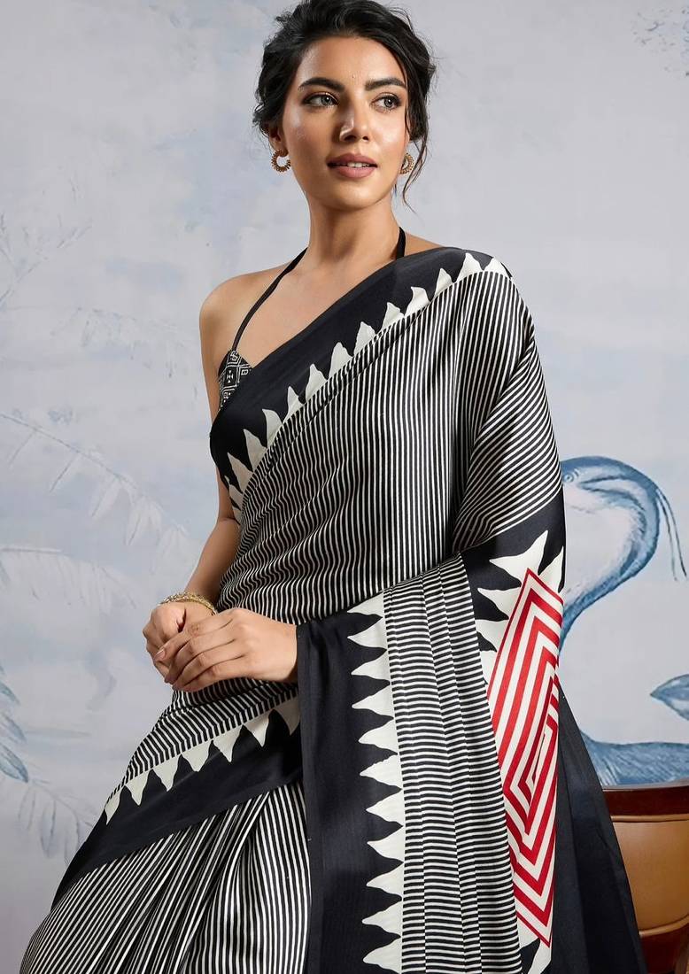Black printed satin saree with blouse piece