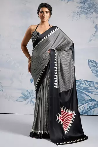 Black printed satin saree with blouse piece
