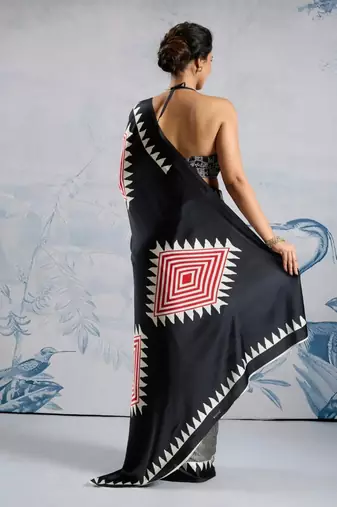 Black printed satin saree with blouse piece