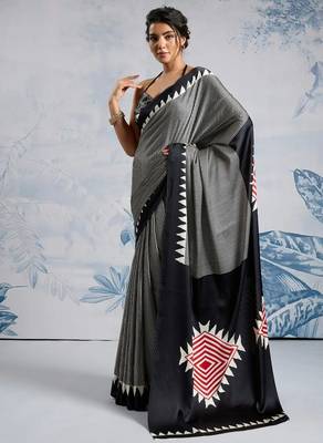 Black printed satin saree with blouse piece 4