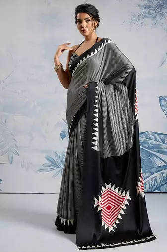 Black printed satin saree with blouse piece