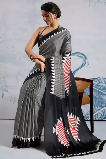 Black printed satin saree with blouse piece