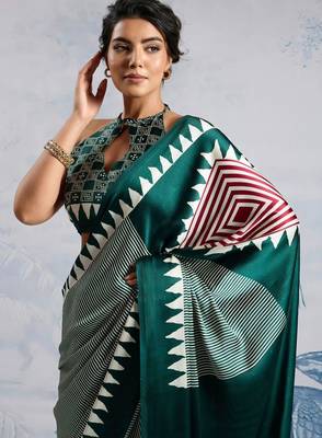 Green printed satin saree with blouse piece 1