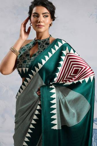 Green printed satin saree with blouse piece