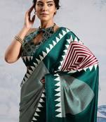 Green printed satin saree with blouse piece