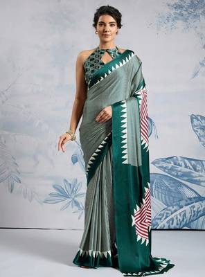 Green printed satin saree with blouse piece 2