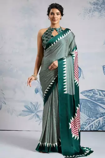 Green printed satin saree with blouse piece