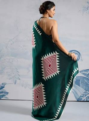 Green printed satin saree with blouse piece 3
