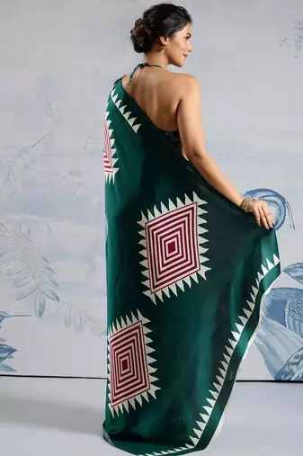 Green printed satin saree with blouse piece