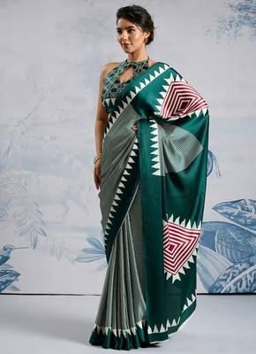Green printed satin saree with blouse piece 4