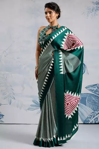 Green printed satin saree with blouse piece