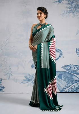 Green printed satin saree with blouse piece 5