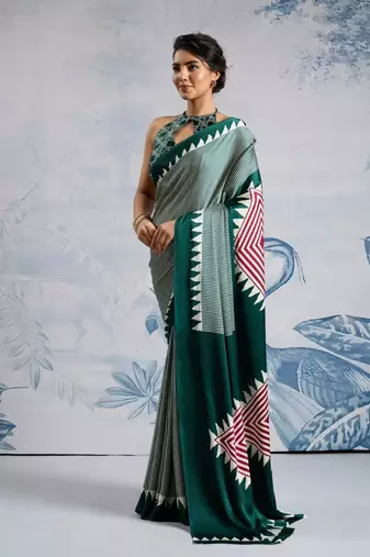 Green printed satin saree with blouse piece