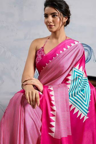 Pink printed satin saree with blouse piece