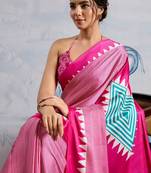 Pink printed satin saree with blouse piece