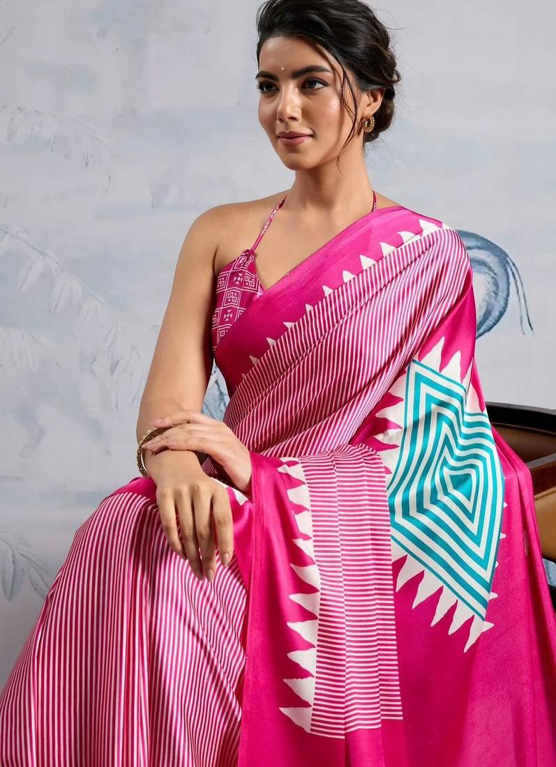 Pink printed satin saree with blouse piece