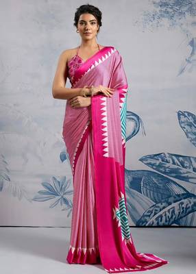 Pink printed satin saree with blouse piece 2