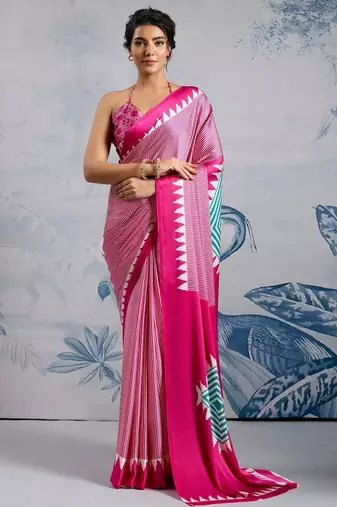 Pink printed satin saree with blouse piece