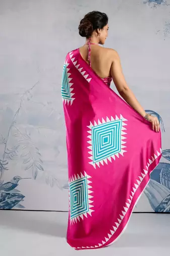 Pink printed satin saree with blouse piece