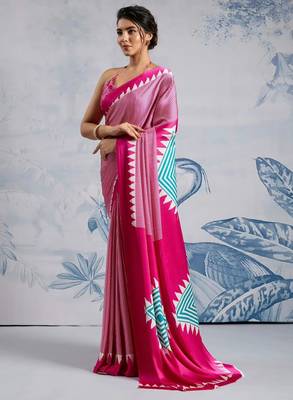 Pink printed satin saree with blouse piece 4