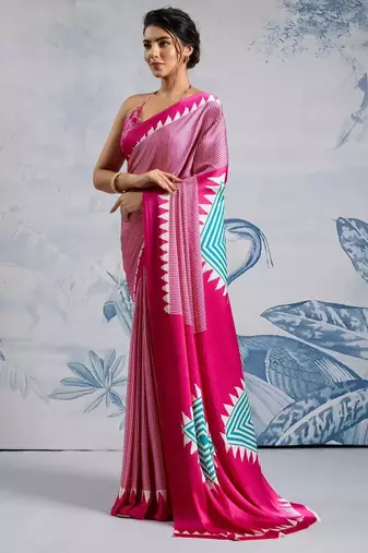 Pink printed satin saree with blouse piece