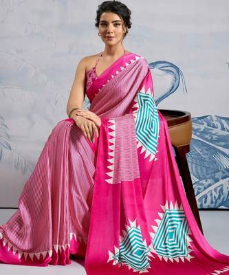 Pink printed satin saree with blouse piece 5
