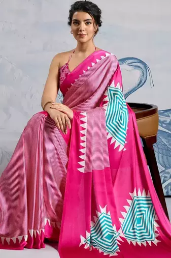 Pink printed satin saree with blouse piece