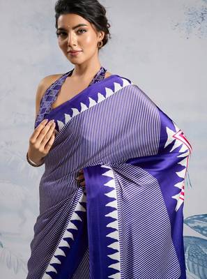 Purple printed satin saree with blouse piece 1