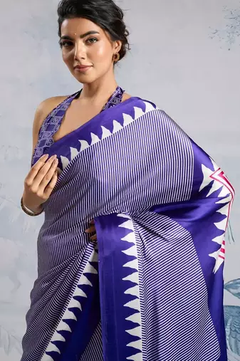 Purple printed satin saree with blouse piece